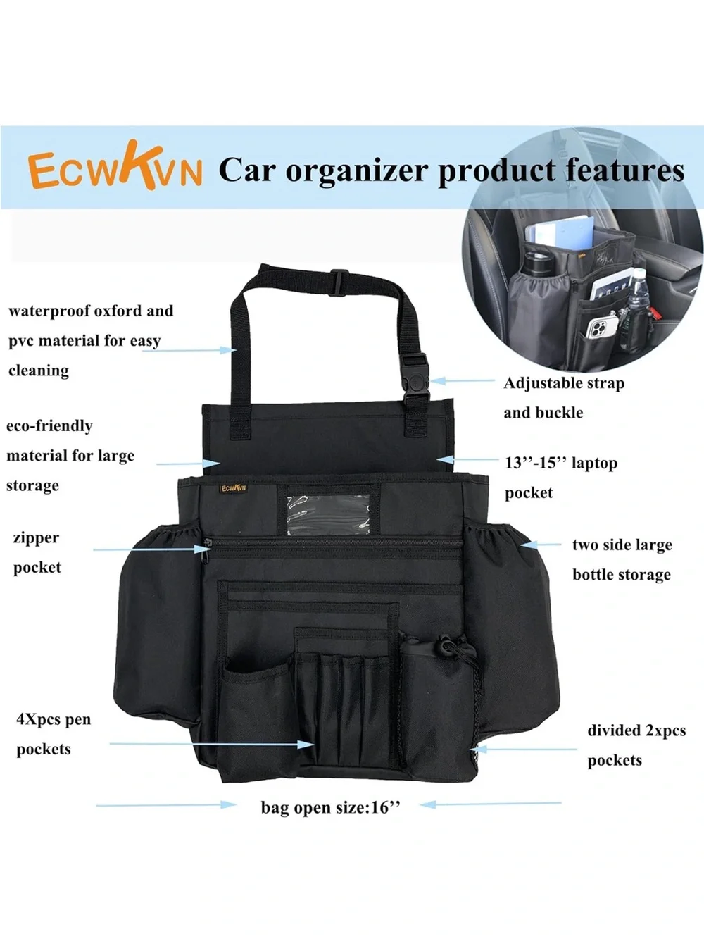 Car Front Seat Organizer - Car File Organizer, Passenger Seat Storage Bag